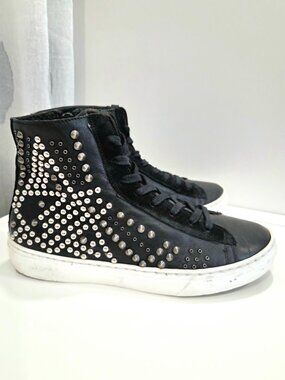 Piranha Black Leather Studded High Top Sneakers Plush Lined Size 37, Italy